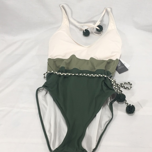 Vince Camuto Other - Vince Camino Cream & Green Swimsuit w/Pom Poms NWT